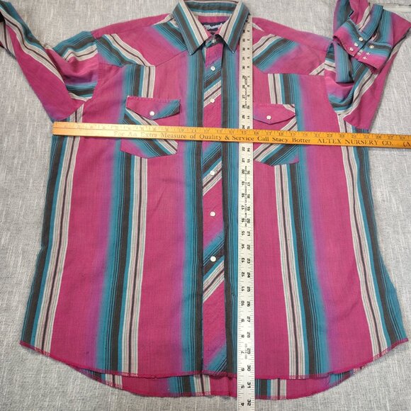 VINTAGE Wrangler Shirt Size XL 17.5x35 Pearl Snap Western Striped Long Sleeve - Picture 9 of 12